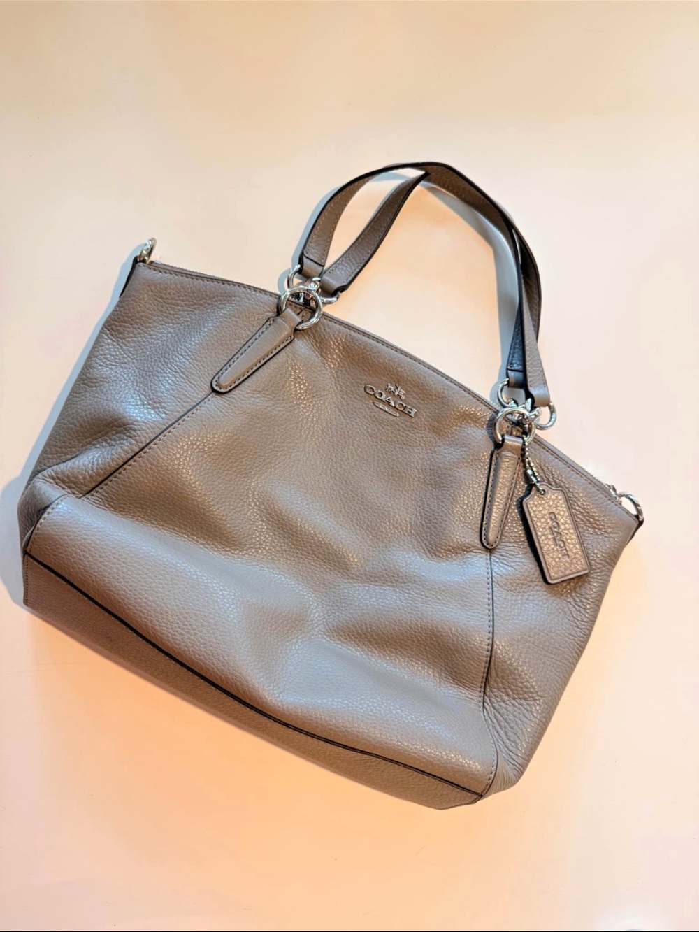 Coach Pebbled Leather Shoulder Tote in Gray Taupe